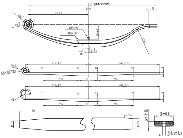 Parabelfeder mit Auge 2-lagig 100/27/2  1100/30 4.5t für Anhänger Landwirtschaft NFZ